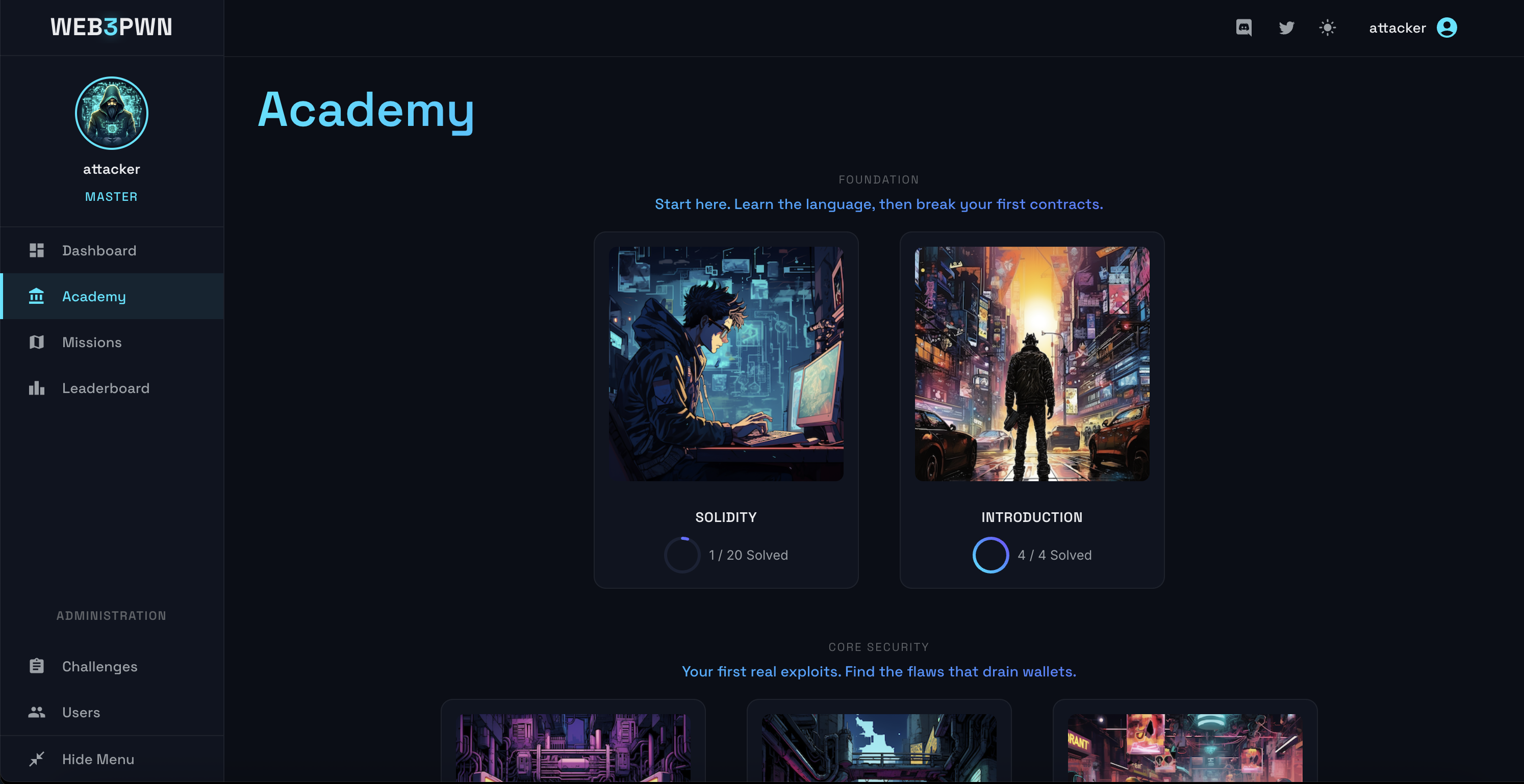 WEB3PWN Academy: challenge categories including Solidity, Introduction, and Basic Security with completion progress rings