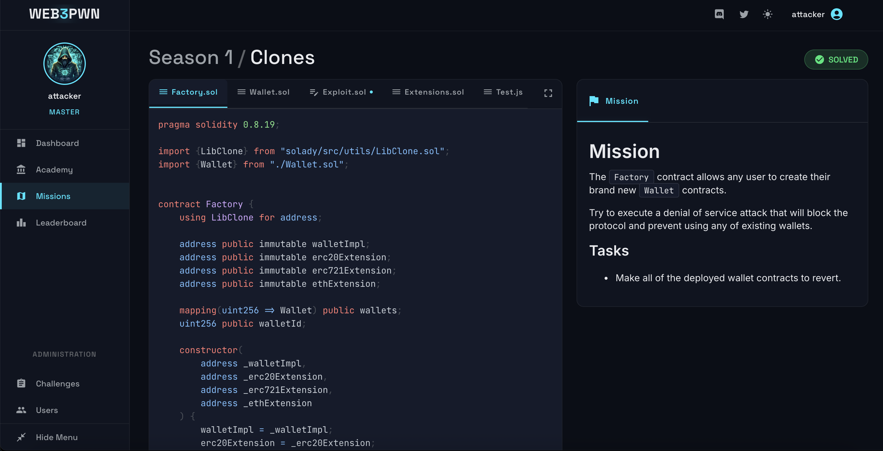 WEB3PWN challenge editor: Solidity source code with syntax highlighting, mission sidebar, and a green SOLVED badge